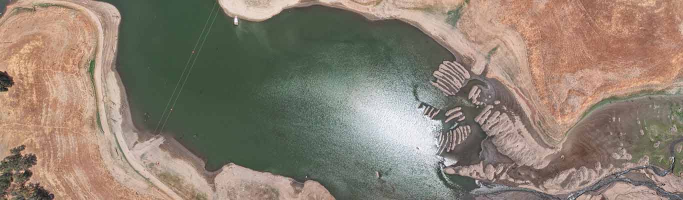 Aerial photo of reservoir showing drought impacts