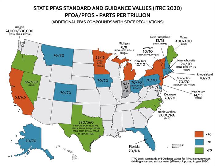 PFASStandard_USA_map-01 Map of America showing PFAS guidance values by state