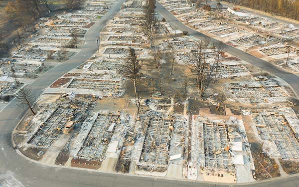aerial view of neighborhood houses destroyed by wildfire