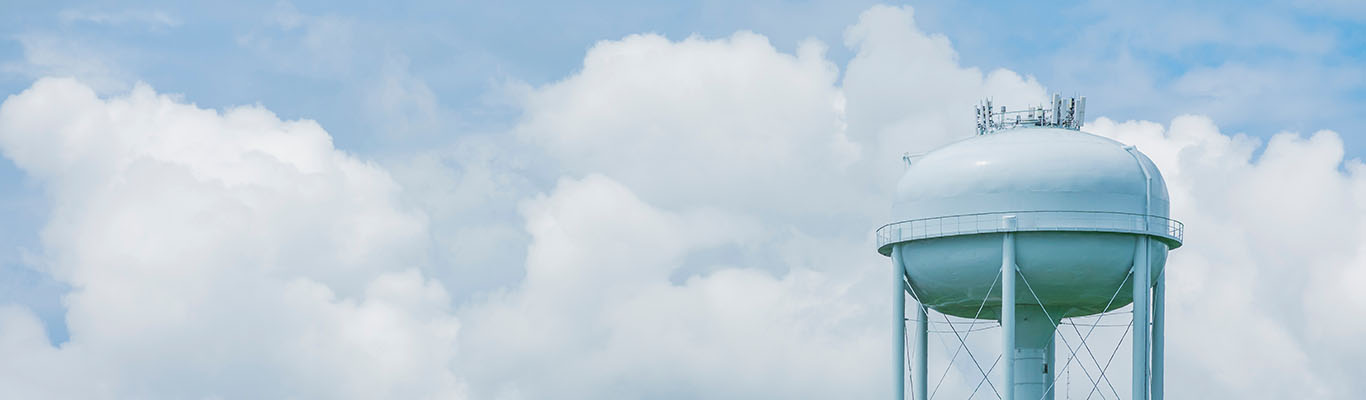 Municipal water tower atop green grass