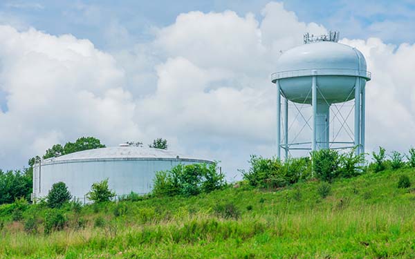 Municipal water tower atop green grass