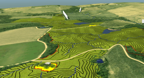 A 3D model of the Waechter AML project illustrated the grading plan to the three landowners, allowing them to engage with project decisions. The 3D model was also used in the pre-bid meeting to quickly onboard contractors with the project plans. Building the site digitally first resulted in a project that met contractor, client, and landowner expectations.
